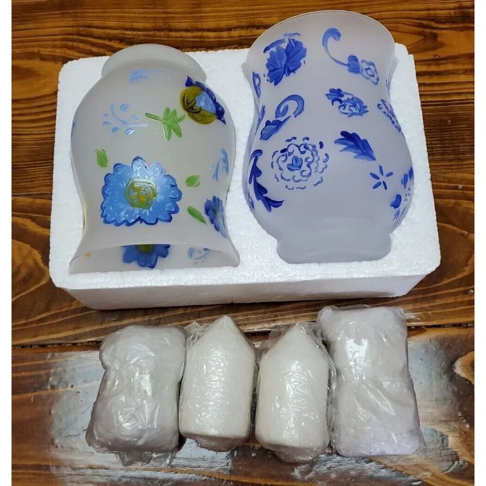 Lot of 2 Hallmark Hurricane Candle Holders Set Votive Blue Yellow In box